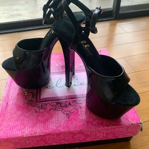 Ellie Black Patent Platform Peep-Toe Sandals with Ankle Strap